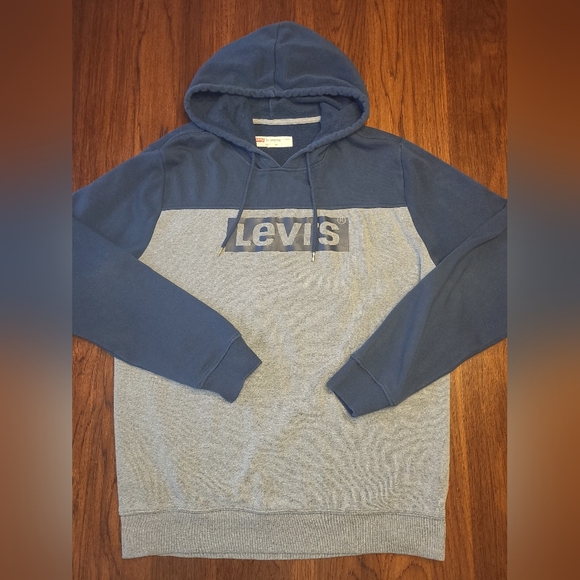 Levi's Men's Navy Gray Logo Print Hooded Pullover Sweatshirt Large - Picture 1 of 10